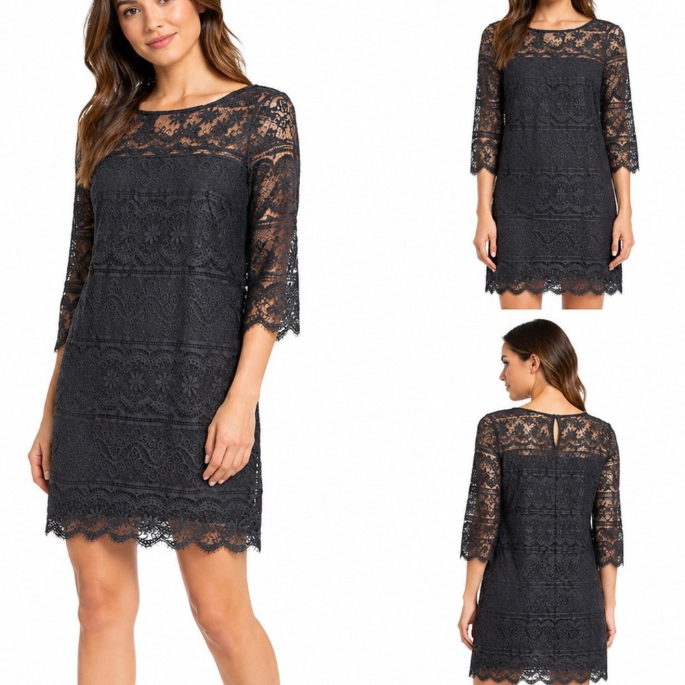 Chelsea & Violet Black Lace Shift Dress XS 3/4 Sleeve Scalloped Hem Cocktail
